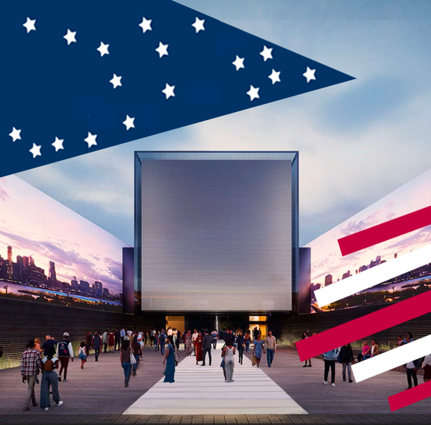 Front view of the USA Pavilion nighttime exterior with a triangle image on the upper left and stripe imagery on the lower right