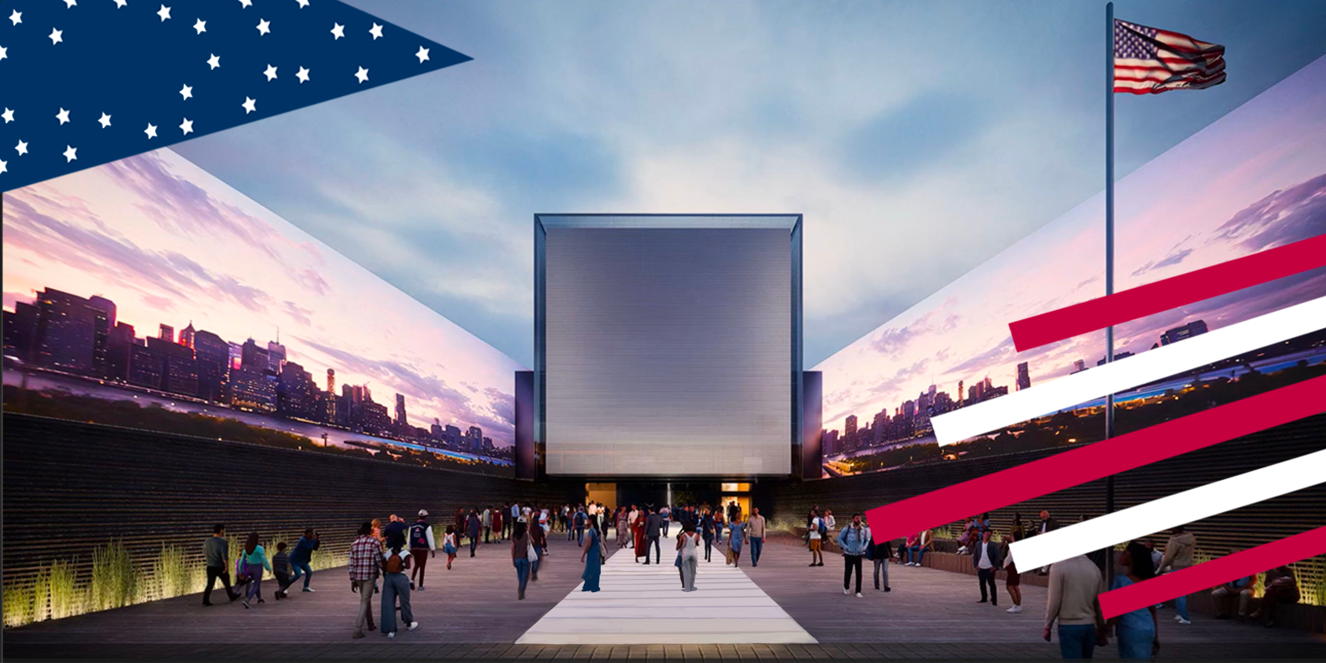 Front view of the USA Pavilion nighttime exterior with a triangle image on the upper left and stripe imagery on the lower right